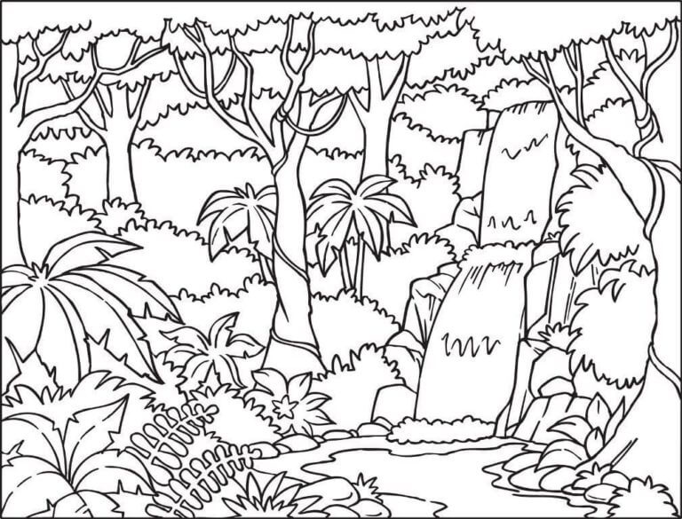 High Waterfall In The Rainforest coloring page