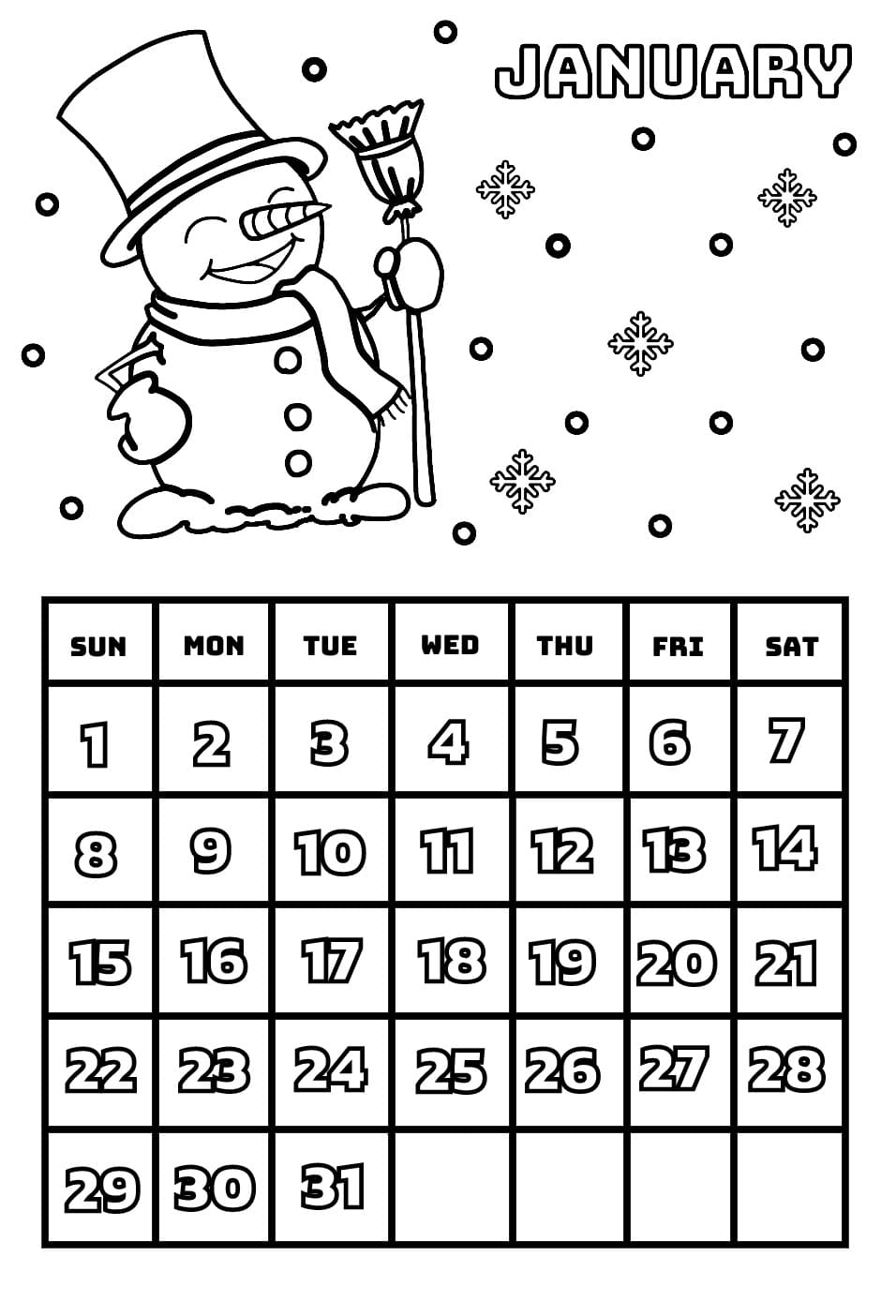 January Calendar coloring page Download, Print or Color Online for Free