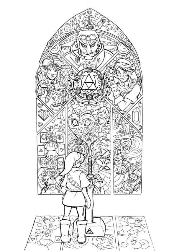 Link Stands Near The Stained Glass Window With The Main Characters Of The Game