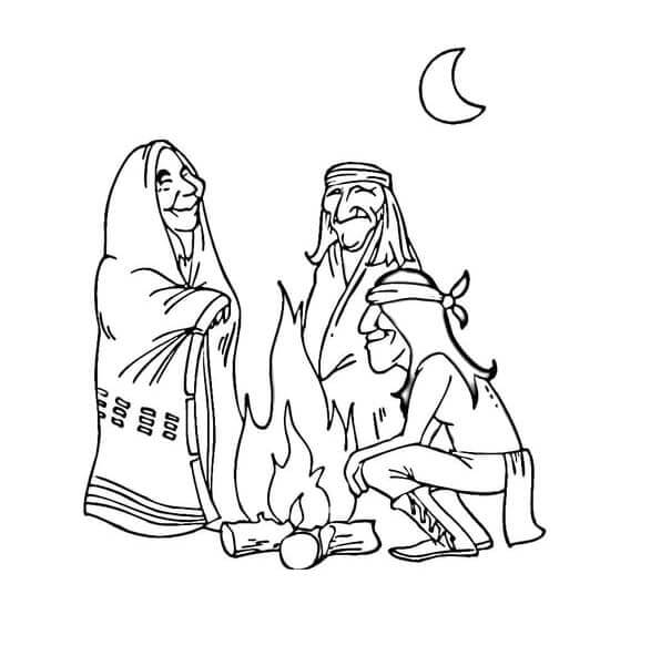 Native Americans Around Campfire coloring page