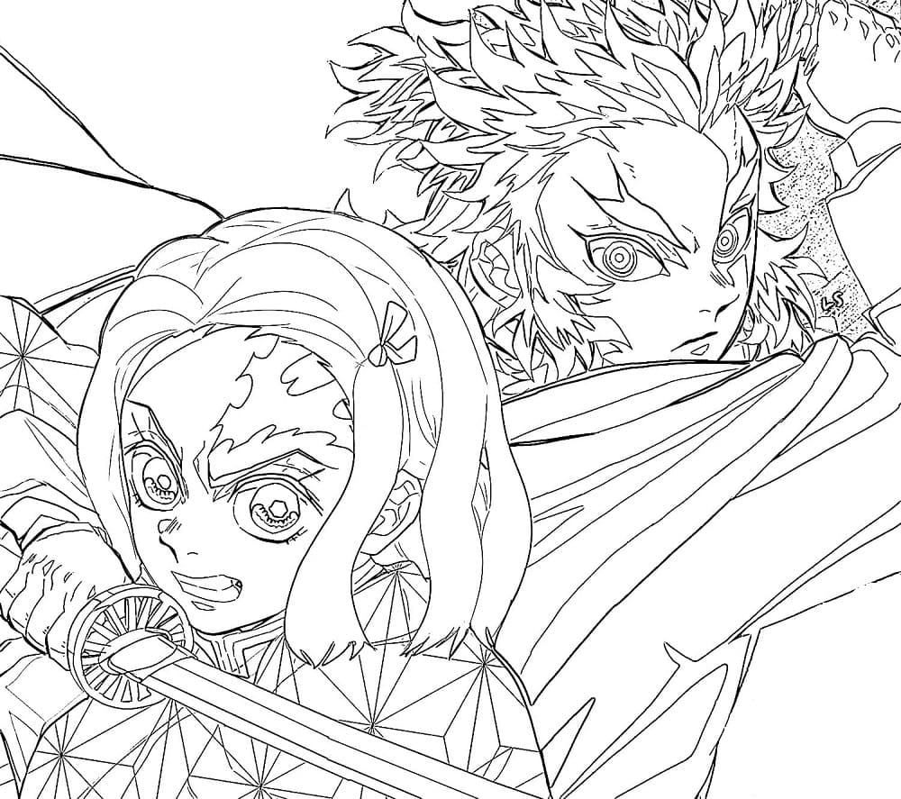 Nezuko and Rengoku Kyojuro coloring page