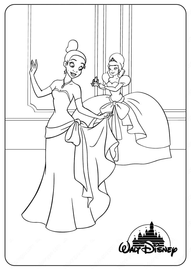 Princess Tiana and Charlotte La Bouff coloring page