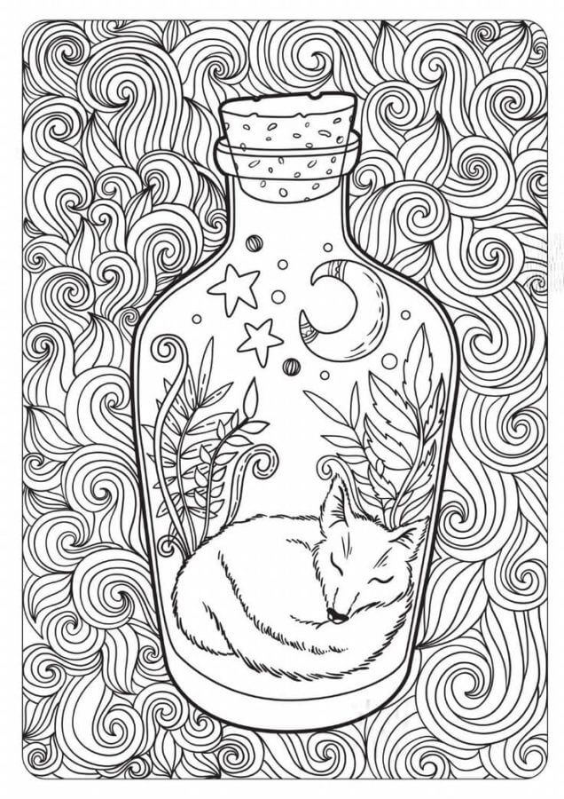 Relaxing Fox in a Bottle coloring page