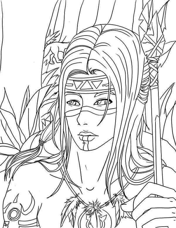 The Indian Warrior Hid In The Thickness Of The Forest coloring page