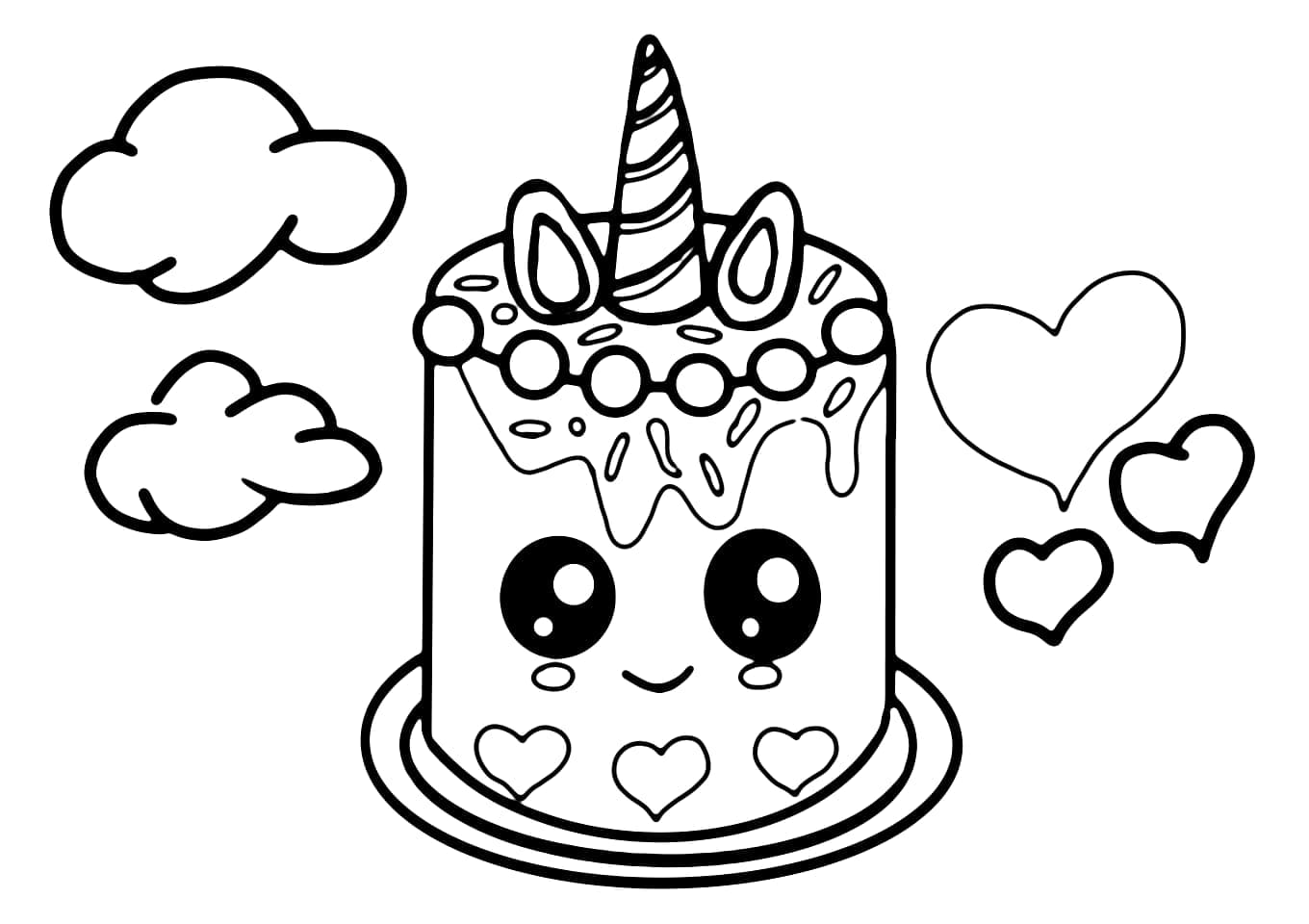 Unicorn Cake with Hearts and Clouds coloring page