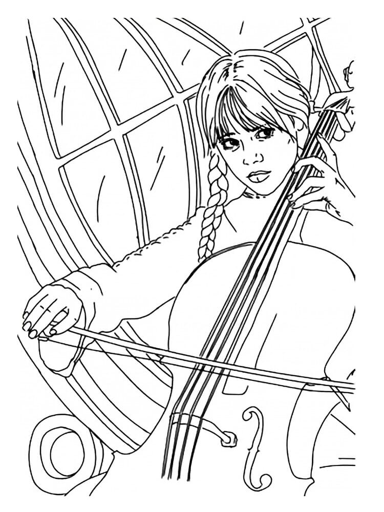 Wednesday Addams is Playing Cello coloring page