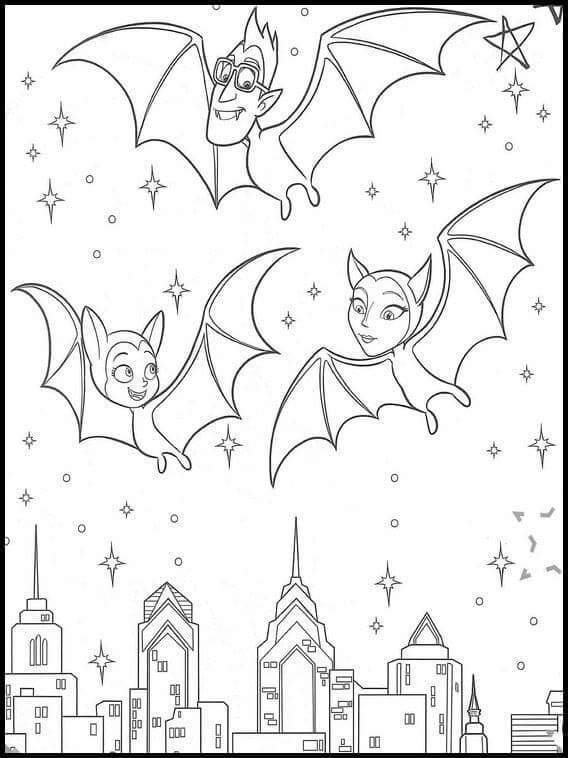 A Family Of Vampires Flies Over The Night City coloring page