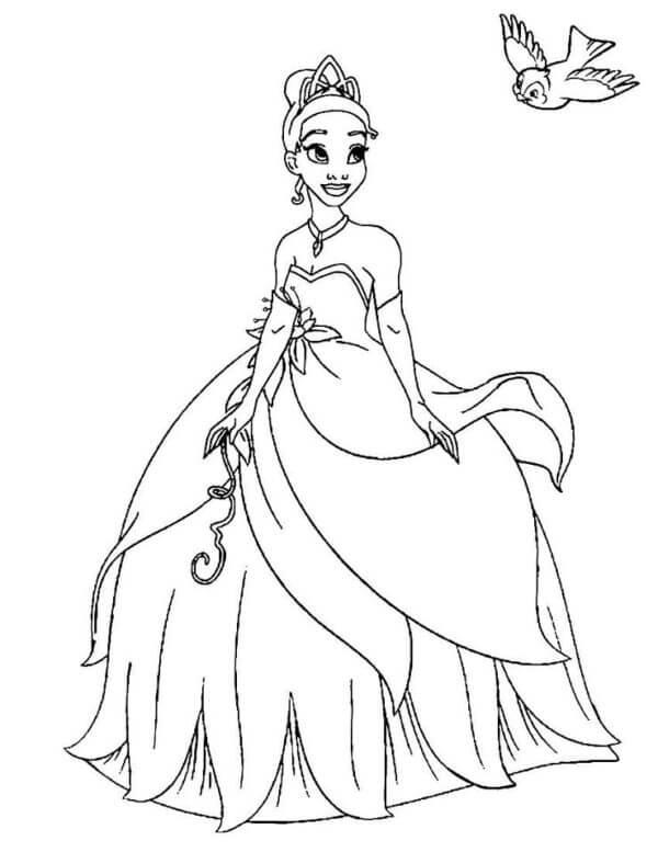 African American Princess in a Puffy Blue Dress coloring page