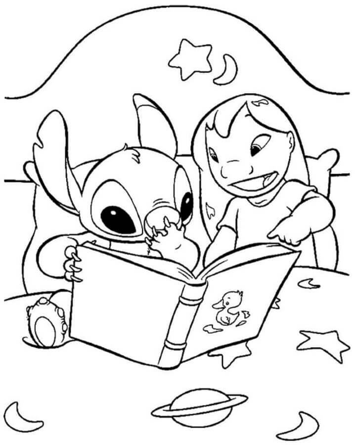 Caring Lilo Reads a Fairy Tale To Stitch coloring page