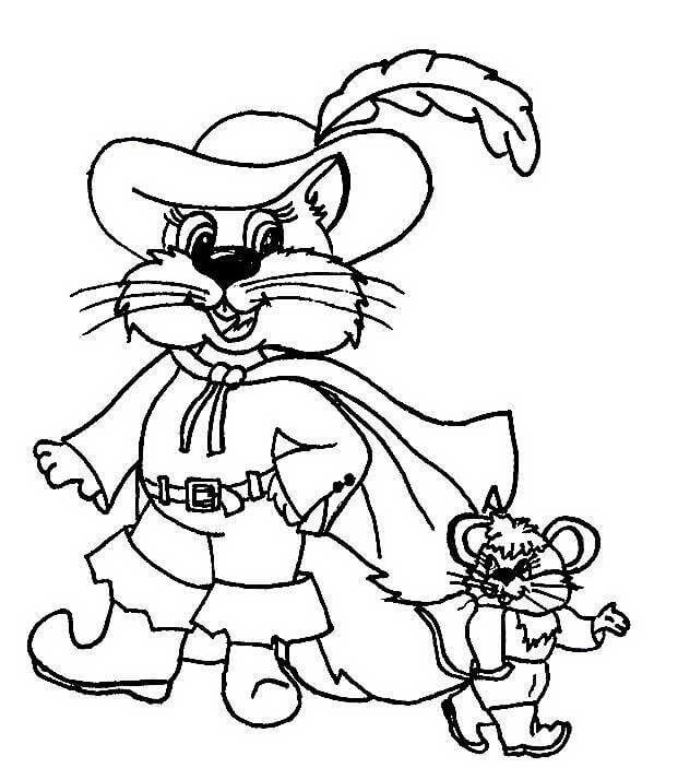 Cheerful Puss in Boots And a Little Mouse coloring page