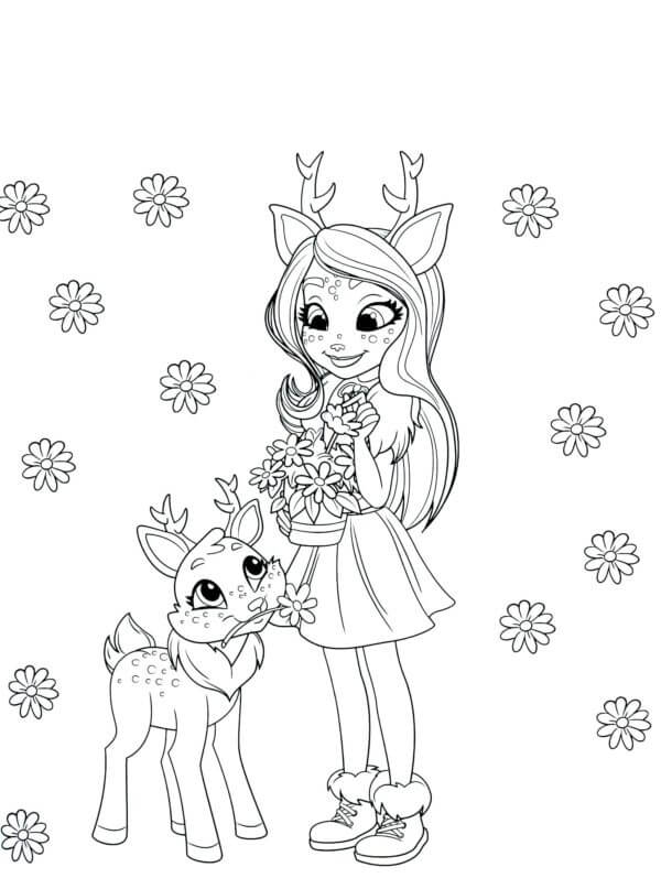 Danessa And Her Deer Gather Flowers In The Garden coloring page