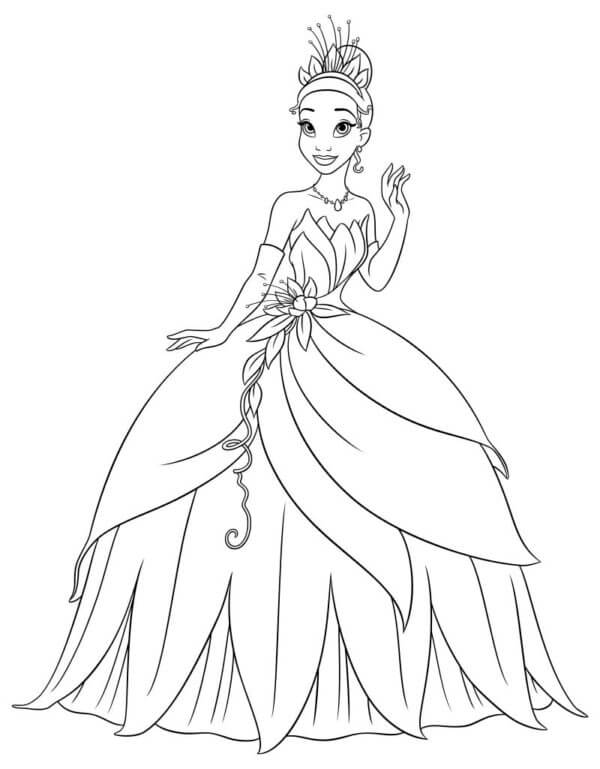 Elegant Princess Tiana in a Lush Blue Dress coloring page