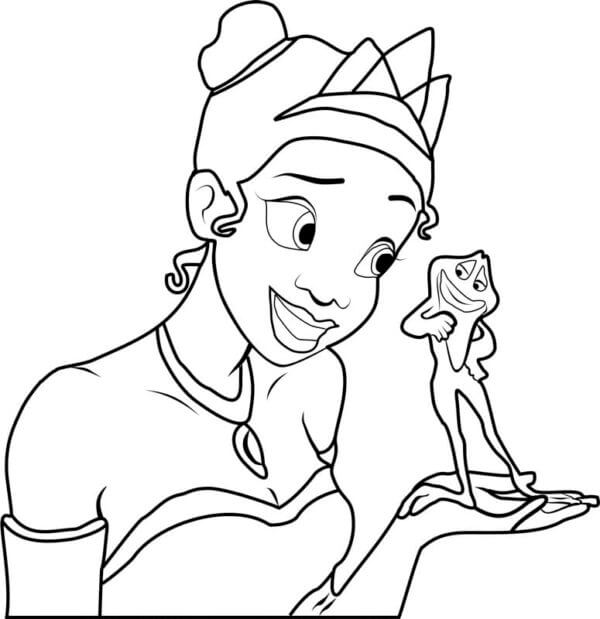 Frog Standing On Hand of Tiana coloring page