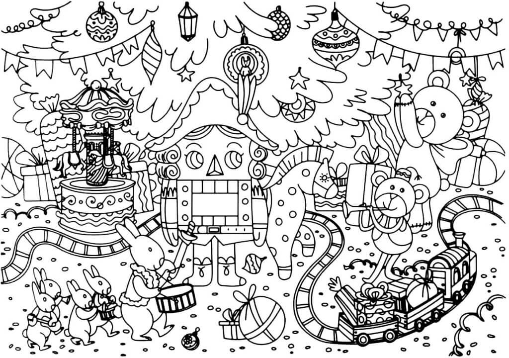 Nutcracker And Toys Under The Christmas Tree coloring page