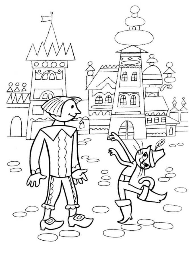 Puss in Boots And The Marquis On The Background of The Castle coloring page