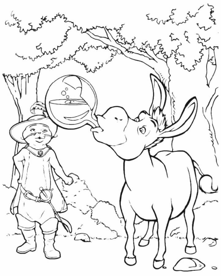 Puss in Boots Watches Donkey Drink a Potion coloring page