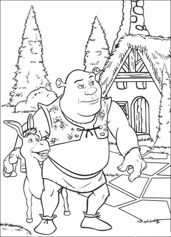 Shrek With Donkey And House coloring page