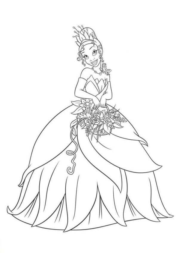 Tiana’s Green And Yellow Masquerade Dress is Stunning coloring page