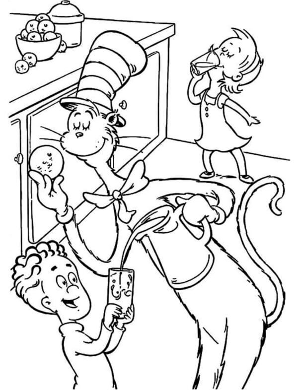 A Cute Cat in a Hat Feeds Children With Cookies coloring page ...