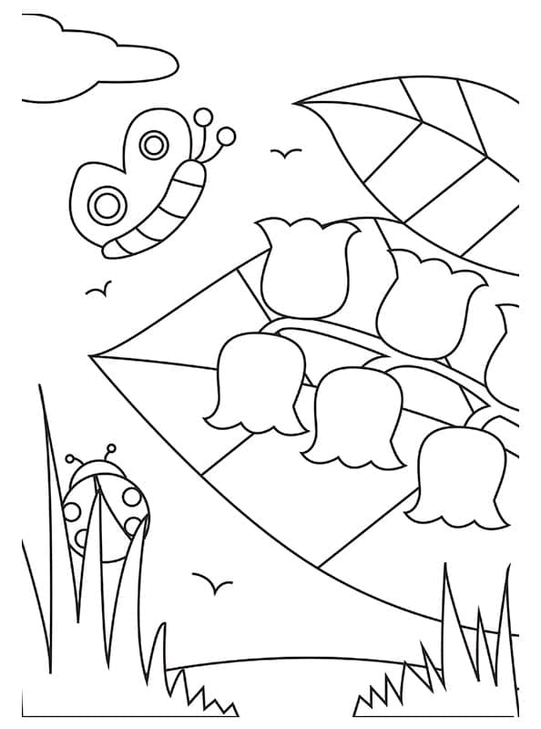 Butterfly and Lily of the Valley coloring page