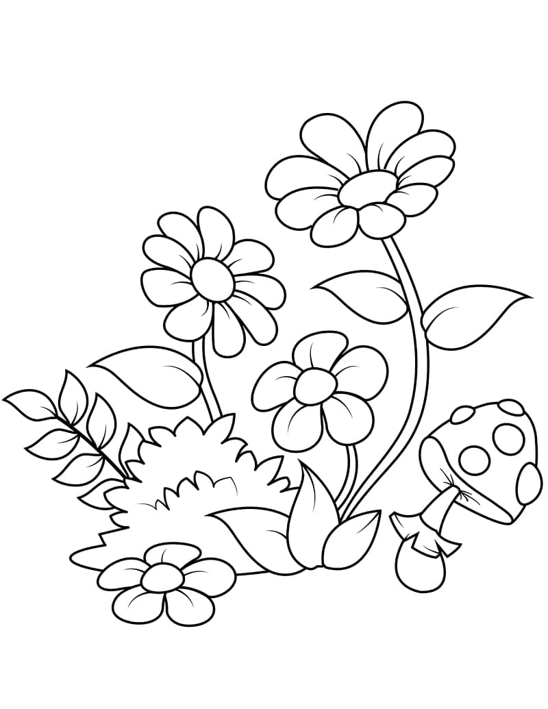 Daisies and Mushroom coloring page