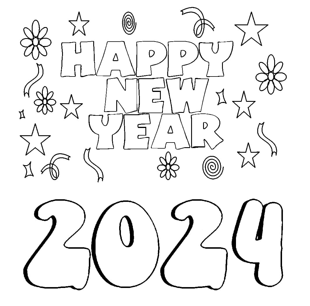Happy New Year 2024 Image Coloring Page - Download, Print Or Color