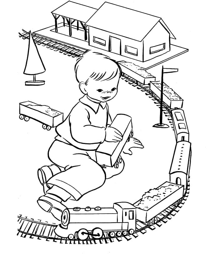 Little Boy and Toy Train coloring page