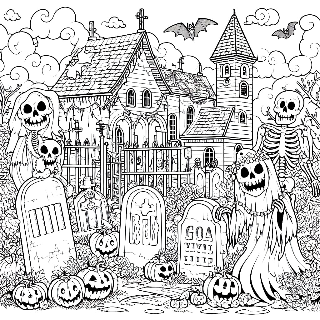 Scary Halloween Cemetery Coloring Page Download Print Or Color Online For Free