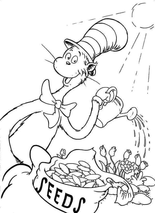 The Cat in the Hat Watering The Flowers coloring page