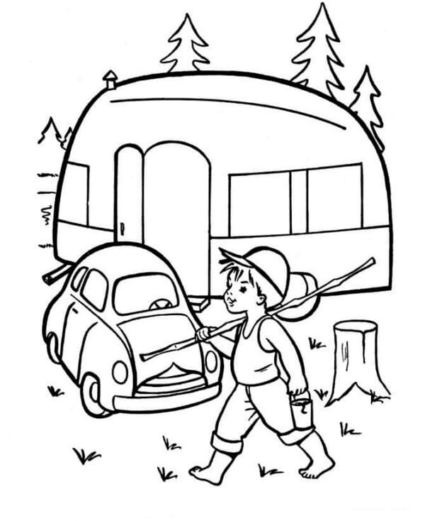 A Boy With a Bucket of Worm is Going Fishing coloring page