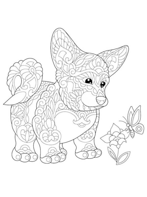 A Cute Puppy in Patterns is Watching a Butterfly coloring page