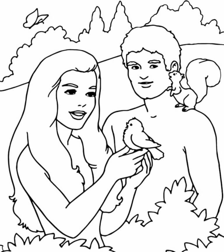 A Squirrel With a Bird Delights The First People on Earth coloring page