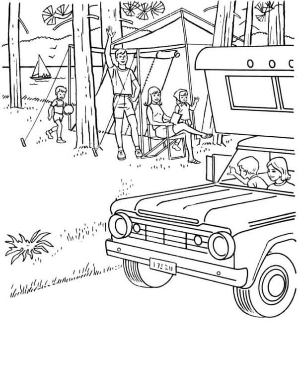 A Whole Group of Friends Gathered to Rest in Tents Near The Lake coloring page