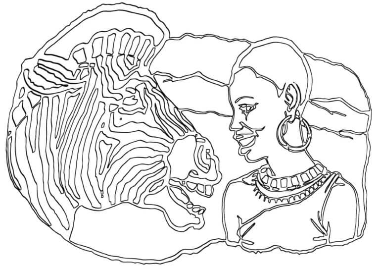 African Woman Next to a Zebra coloring page