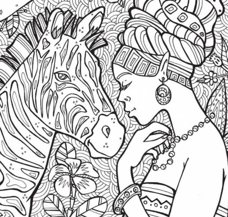 Among The Patterns you Can Find a Zebra With a Girl coloring page