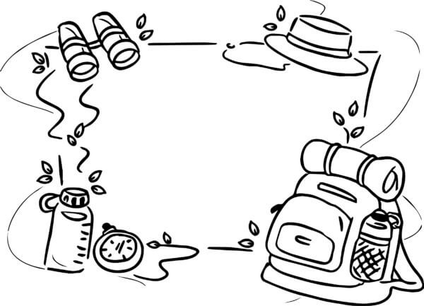 Compass, Water Bottle, Binoculars, Hat And Backpack With Accessories coloring page