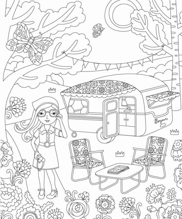 Fashionable Traveler is Resting At The Campsite coloring page