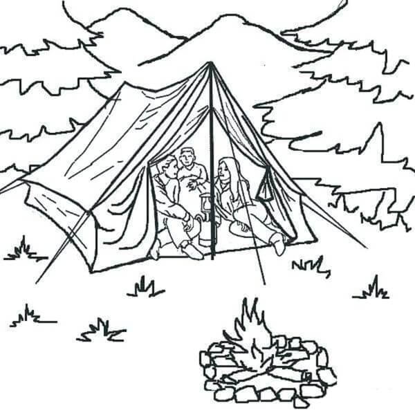 Friends in a Tent Tell Each Other Interesting Stories coloring page