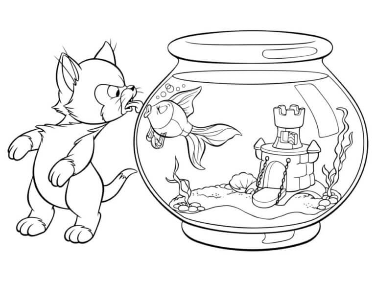 Funny Cat With Fish in Aquarium coloring page