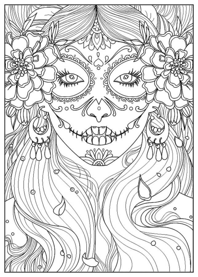 Long-Haired Beauty With a Festive Make-up For the Day of The Dead coloring page