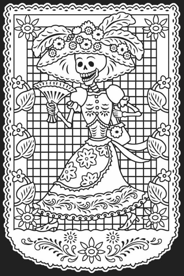 Skeleton Katrina in a Wide-Brimmed Hat coloring page