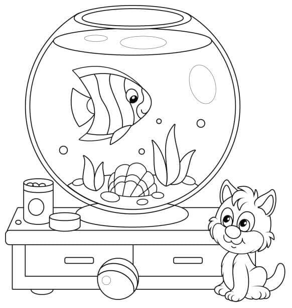 Smiling Cat With Fish in Aquarium