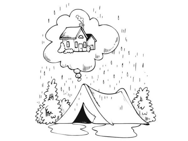 Tent Camping in Rain coloring page