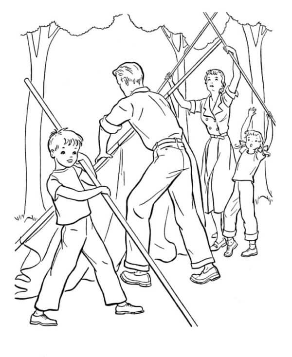 The Whole Family Puts Up a Tent in Nature coloring page