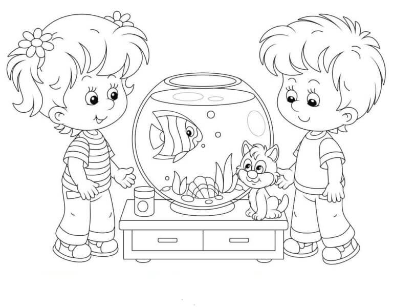 Two Kids And Cat With Aquarium