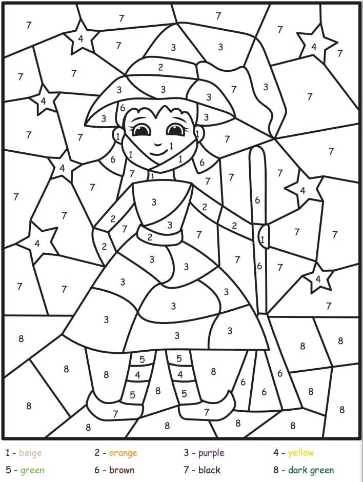 Adorable Halloween Witch Color by Number coloring page - Download ...