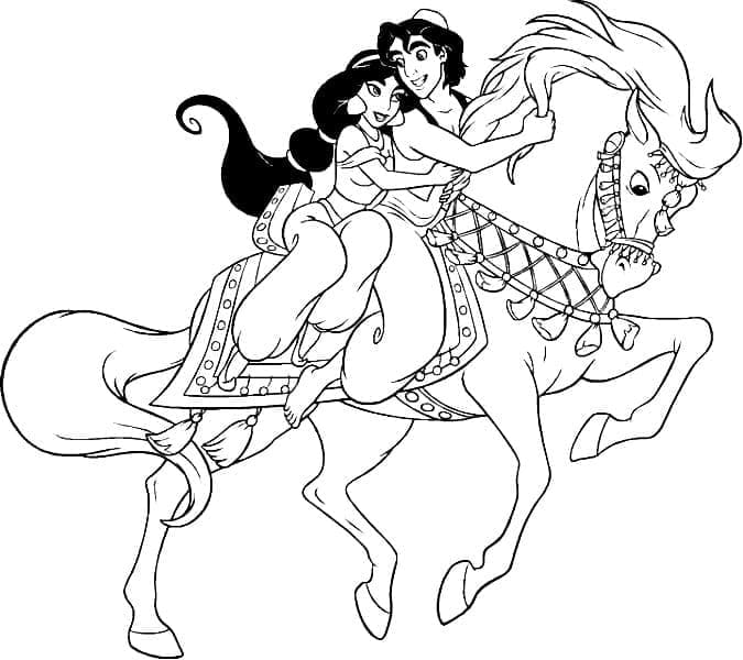 Aladdin and Jasmine Riding Horse coloring page