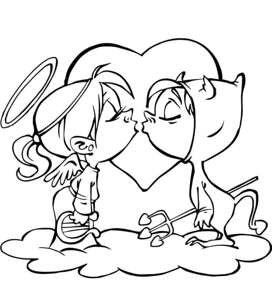 Angel and Demon Kissing coloring page