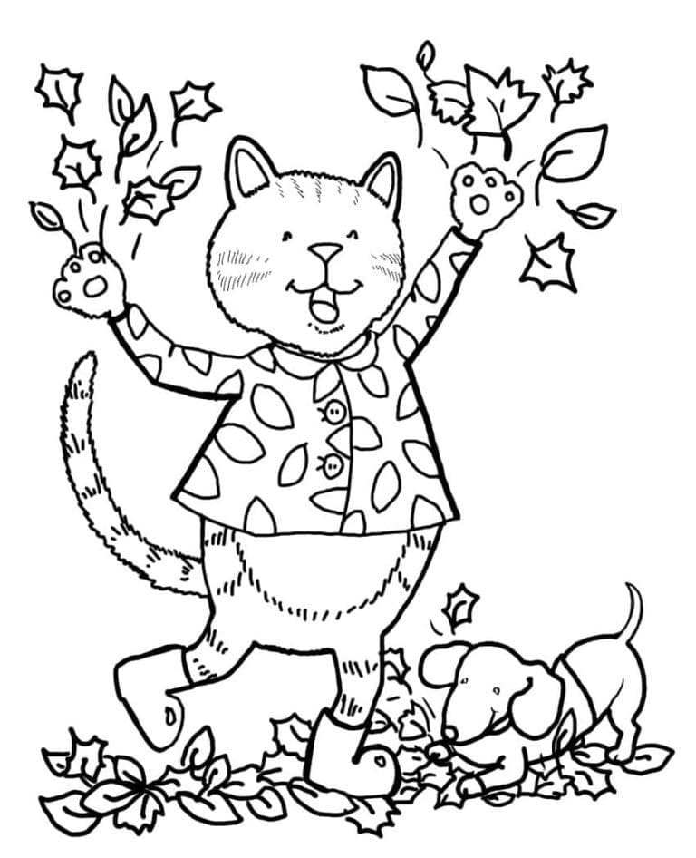 Cat and Autumn Leaves coloring page