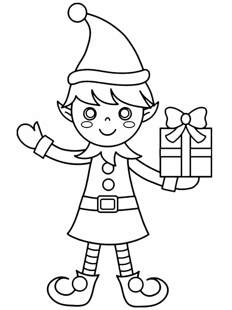 Christmas Elf and A Present coloring page